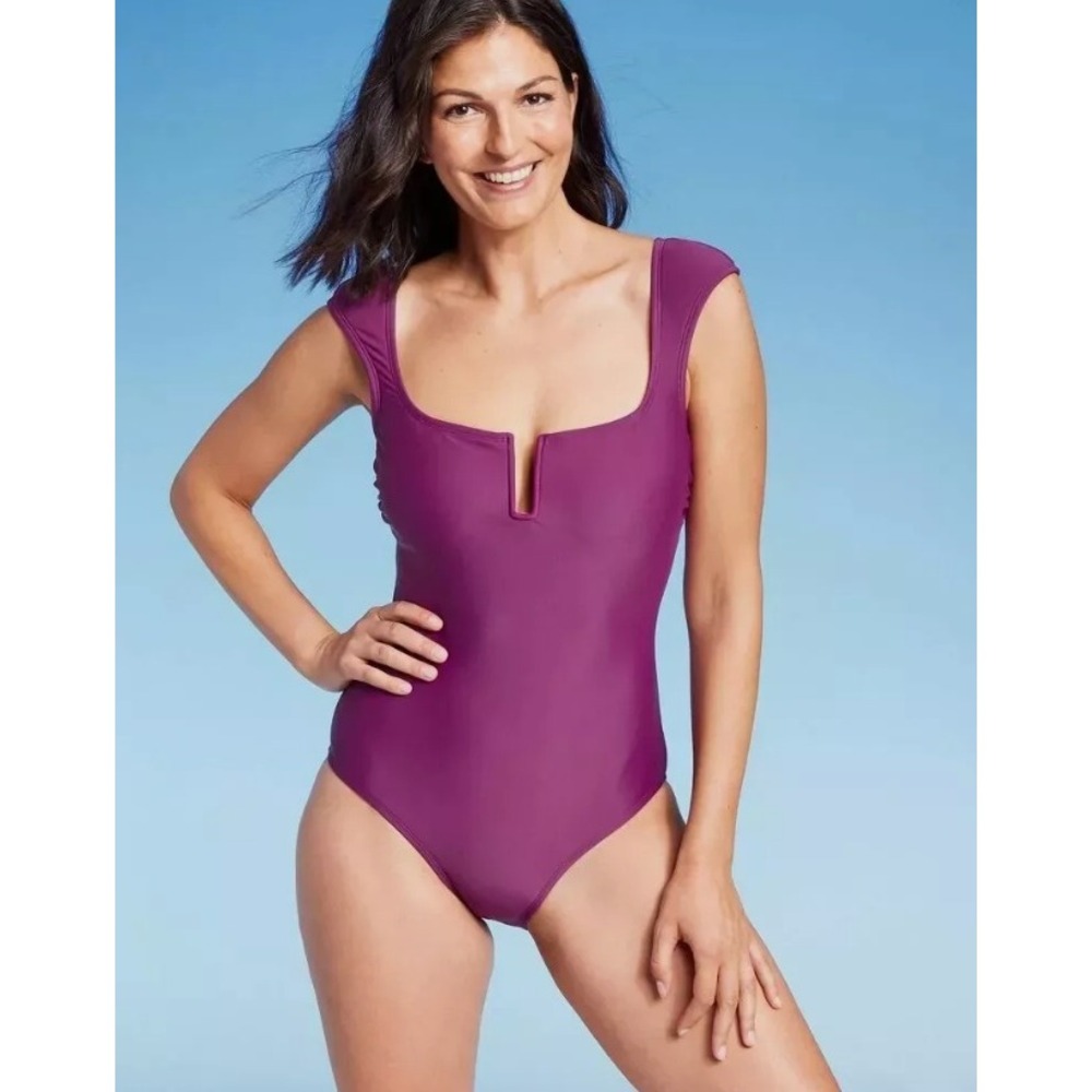 Shade & Shore One Piece‎ Swimsuit Square Neck Cap Sleeve Plum Purple S